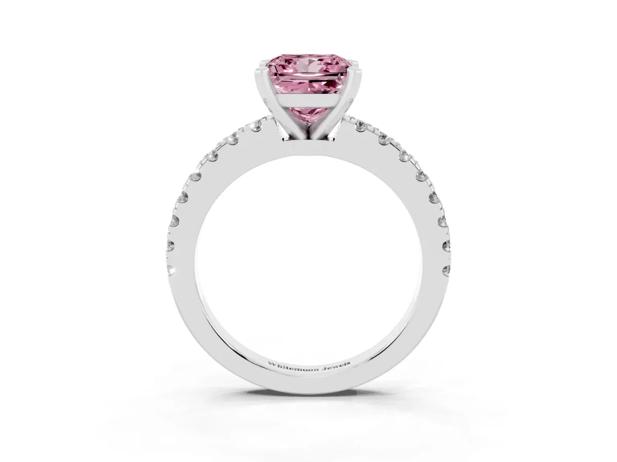 Fancy Pink Princess Cut Solitaire Diamond with Pavé Band and Four-Prong Setting Silver