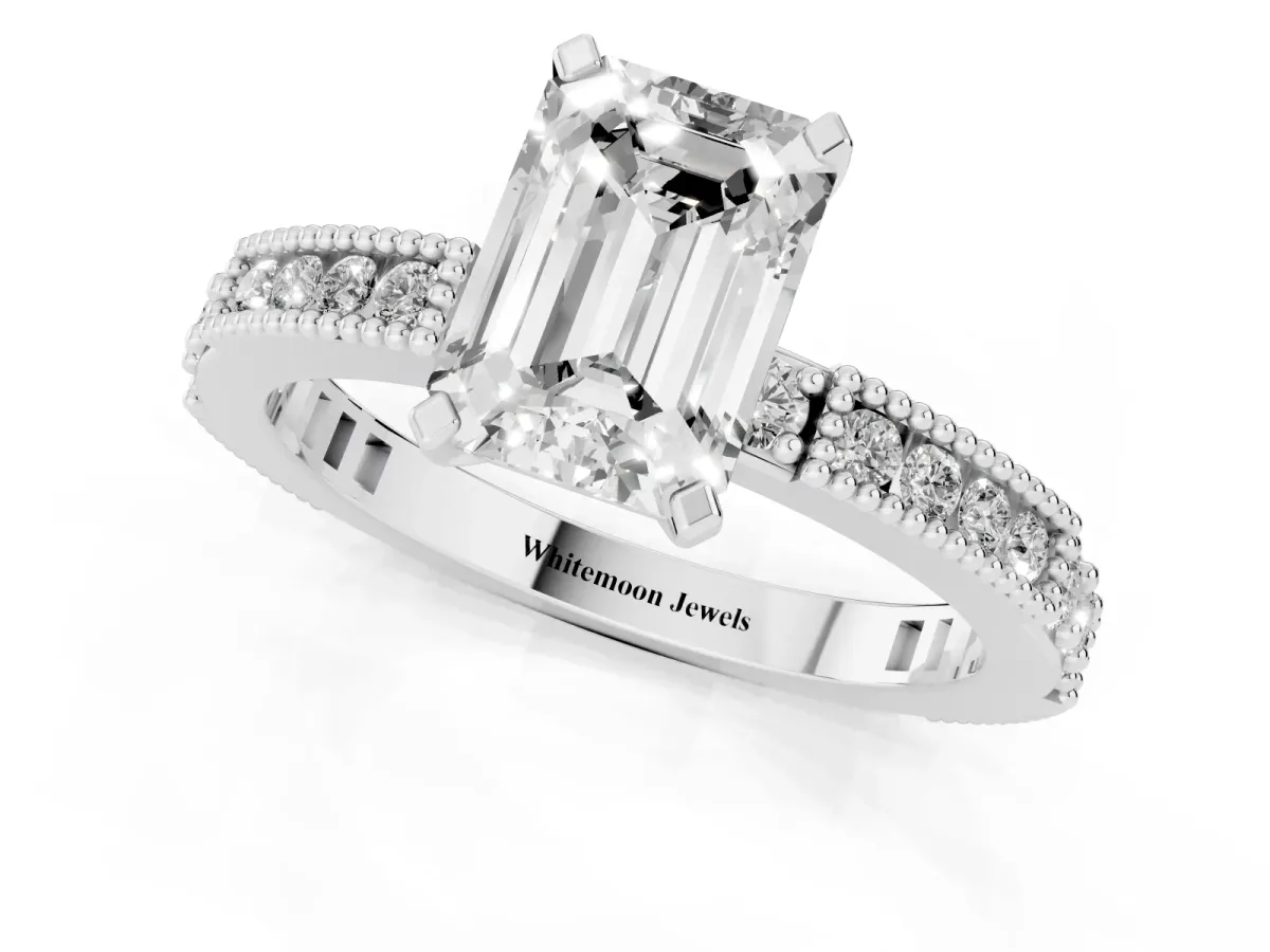Emerald Cut Solitaire with Pavé Band and Four-Prong Setting Silver