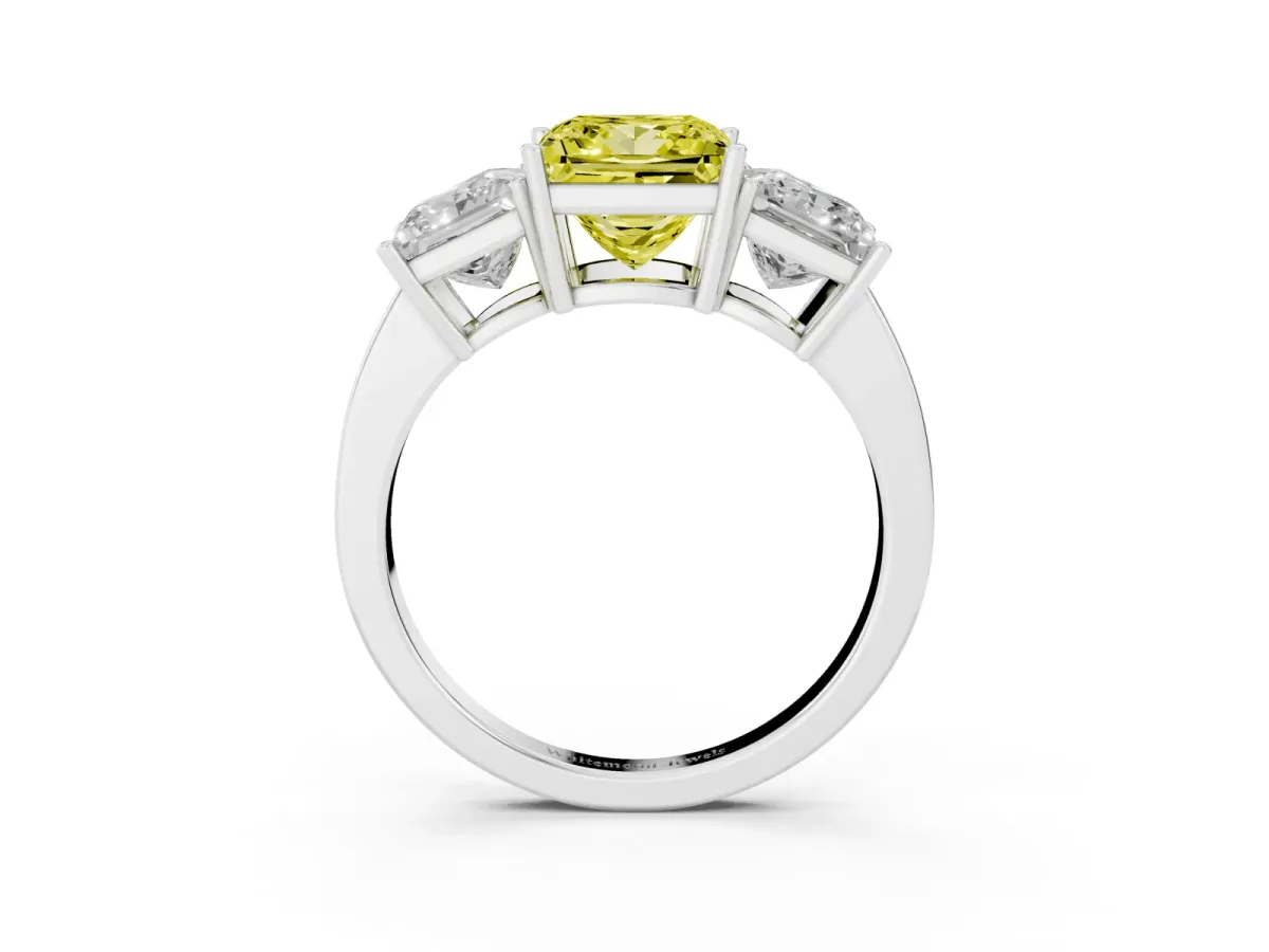 Fancy Yellow Three-Stone Princess Cut Cut Diamond Engagement Ring with Flat Band and Four-Prong Setting Silver