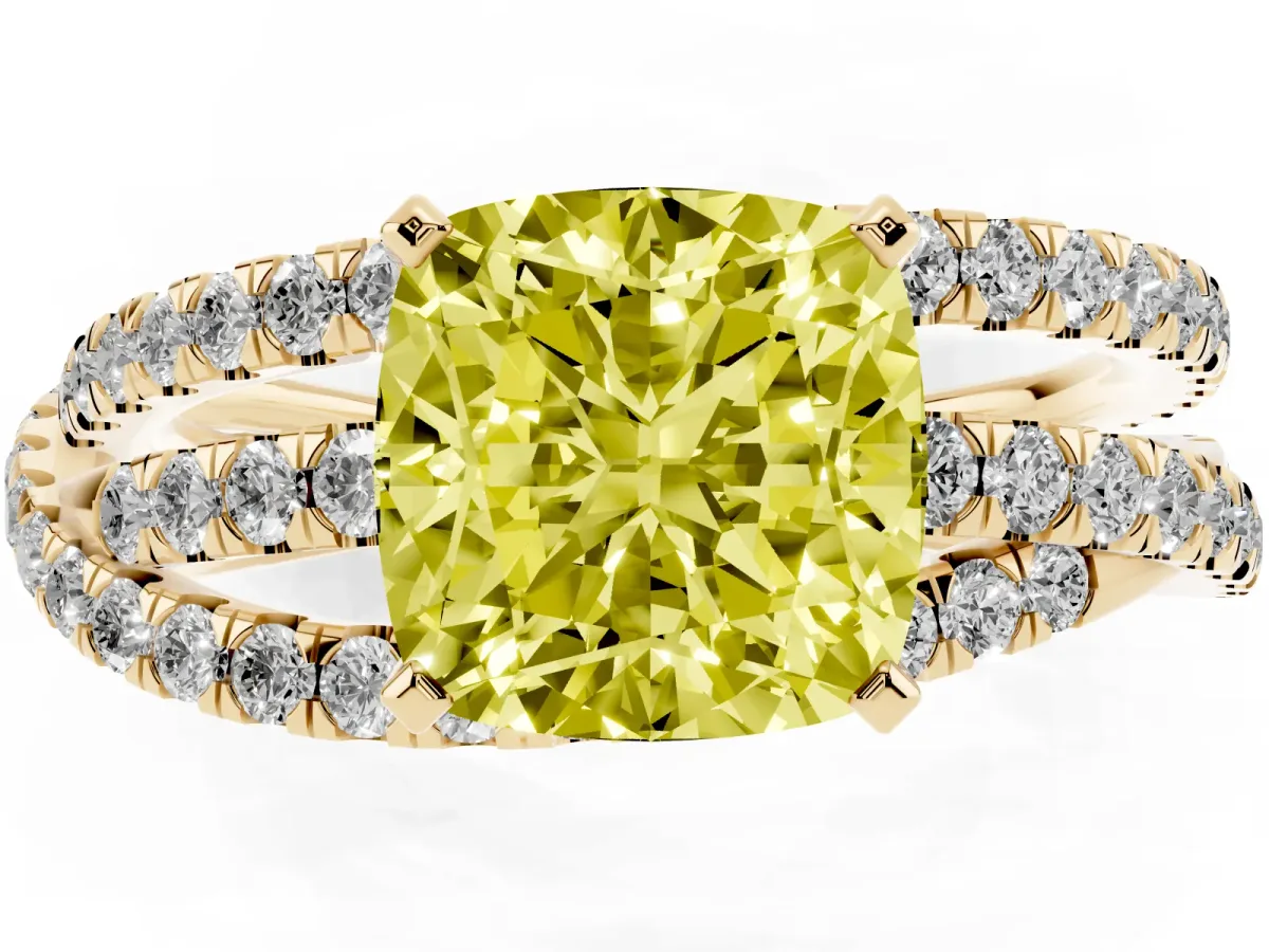 Fancy Yellow Cushion Cut Solitaire Twist Band with Pavé Setting and Four-Prong Setting Yellow gold