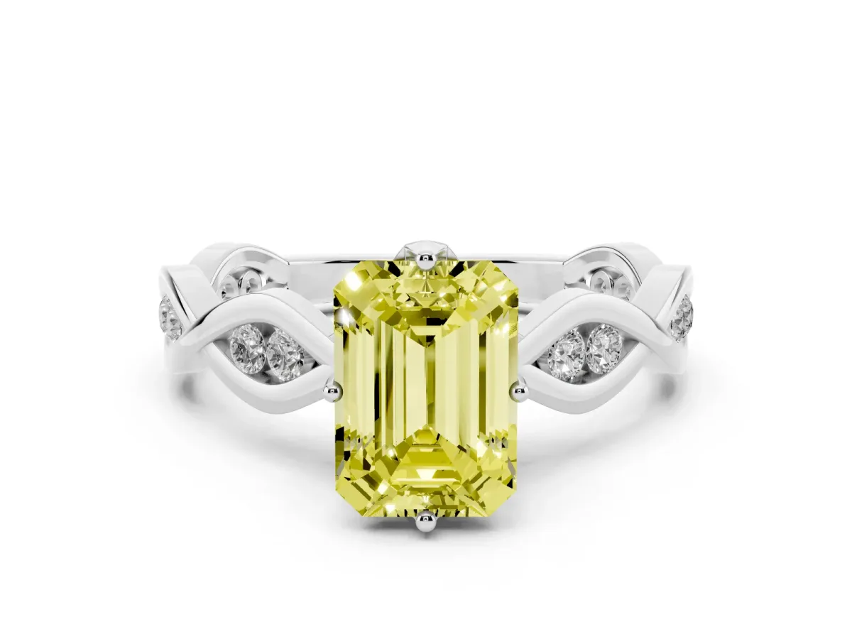 Fancy Yellow Emerald Cut Solitaire Twist Band with Leaf Prong Setting Platinum