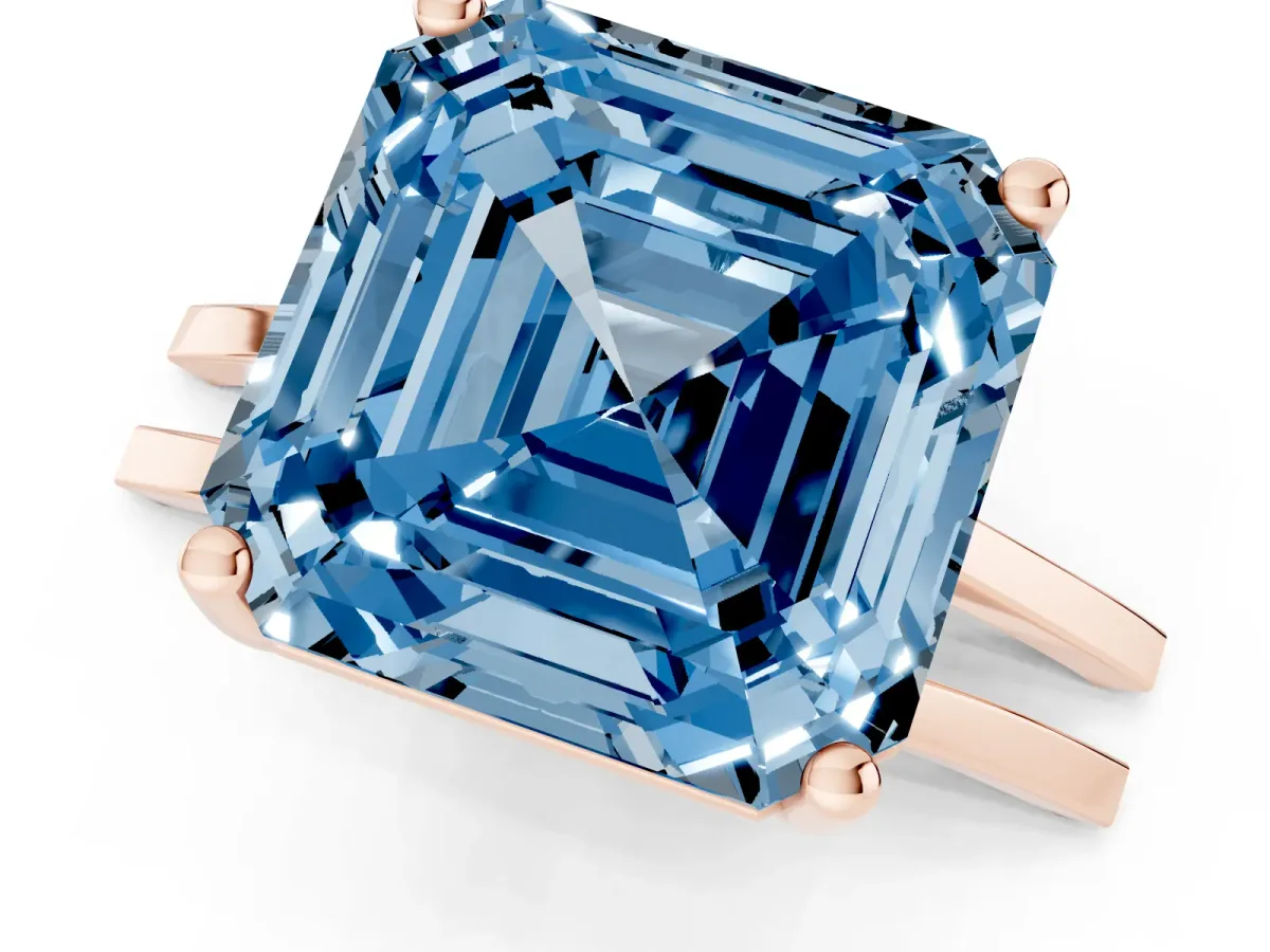 Fancy Blue Asscher Cut Cut Diamond Solitaire Engagement Ring with Tapered Plain Band and Four-Prong Setting Rose gold