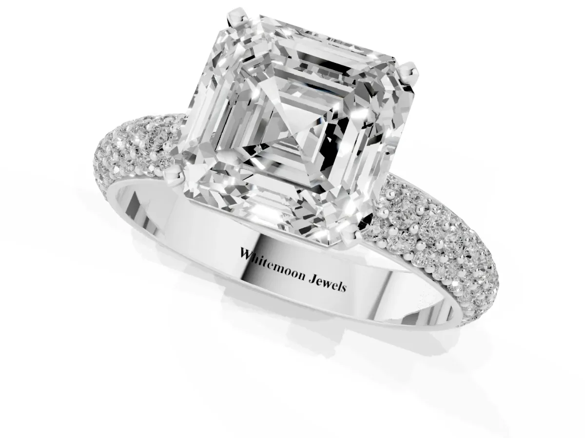 Asscher Cut Diamond Solitaire Ring with Prong Setting and Pavé Band Silver