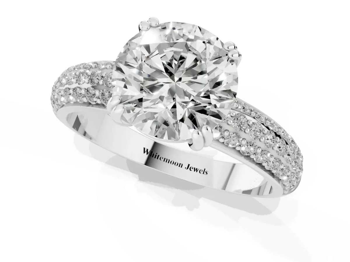 Round Cut Diamond Solitaire Ring with Multi-Row Round Pavé Band and Prong Setting Silver