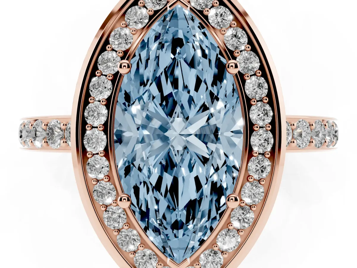 Fancy Blue Marquise Cut Diamond Halo Ring with Bezel Frame and Pavé Band Rose gold