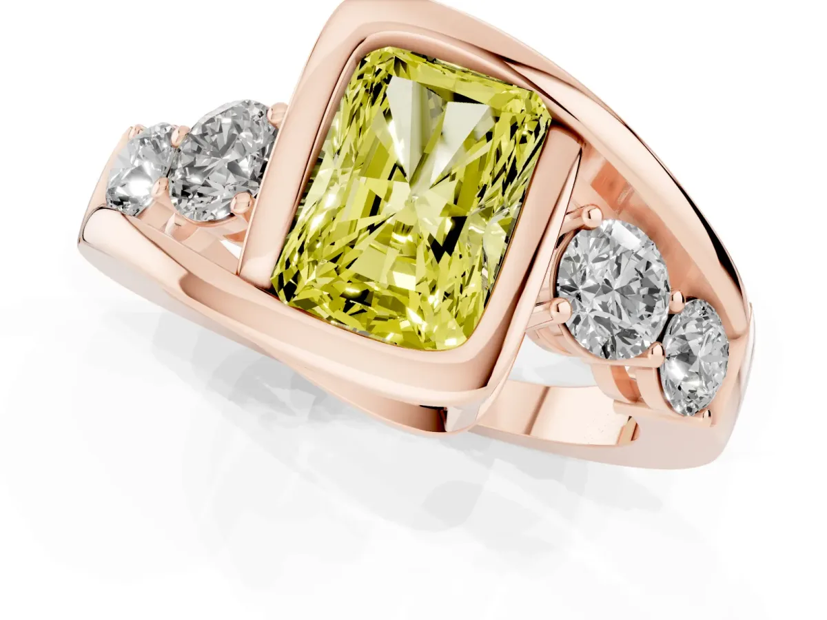 Fancy Yellow Bezel Set Radiant Cut Diamond Bypass Ring with Round Accents Rose gold