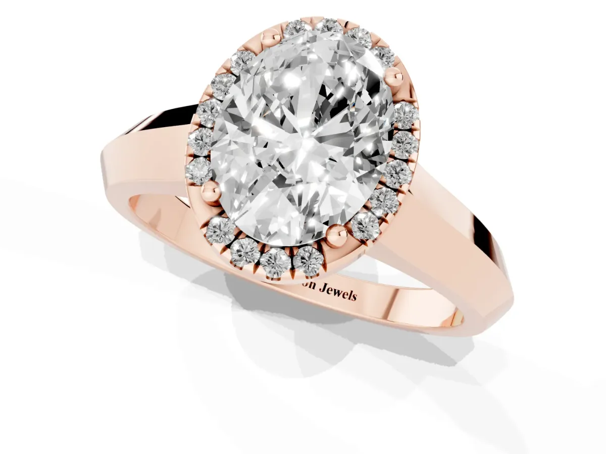 Oval Cut Halo Diamond Ring with Cathedral Band and Four-Prong Setting Rose gold