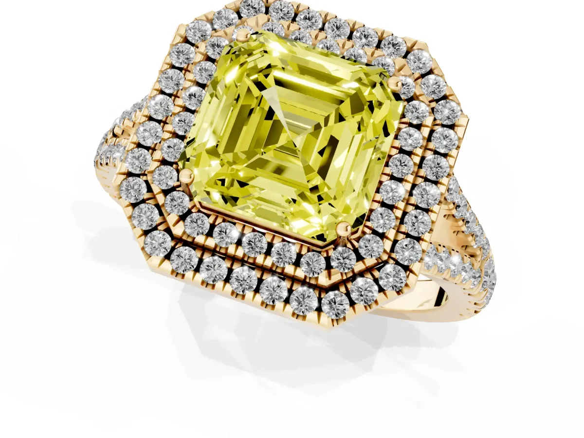 Fancy Yellow Asscher Cut Diamond Double Halo Ring with Pavé Band and Prong Setting Yellow gold