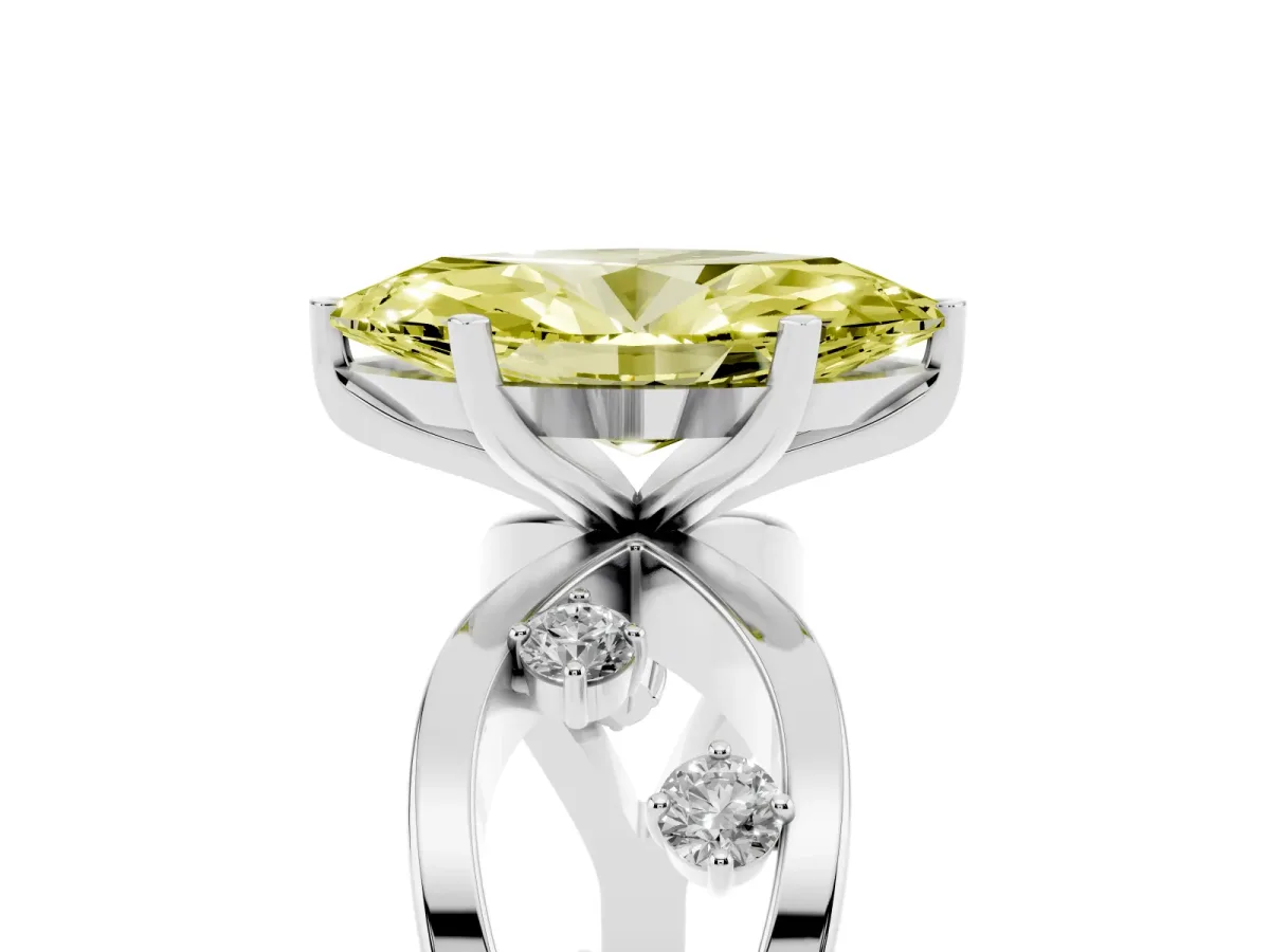 Fancy Yellow Marquise Cut Cut Solitaire Diamond with Side Stones on Criss-Cross Band and Four-Prong Setting Platinum