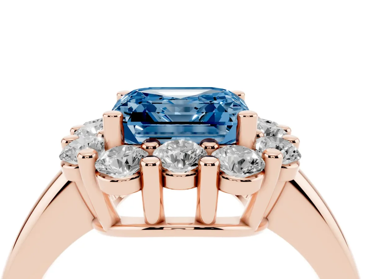 Fancy Blue Asscher Cut Halo Cluster Diamond Engagement Ring with Prong Setting and Polished Band Rose gold