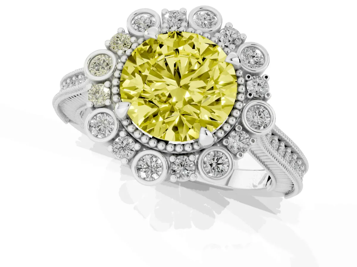 Fancy Yellow Round Cut Halo Milgrain Pave Diamond Ring with Four-Prong Setting Silver