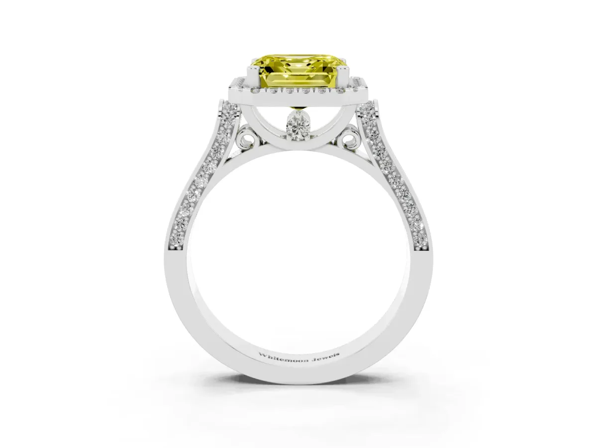 Fancy Yellow Asscher Cut Halo Pave Split Shank Prong Setting Ring Silver