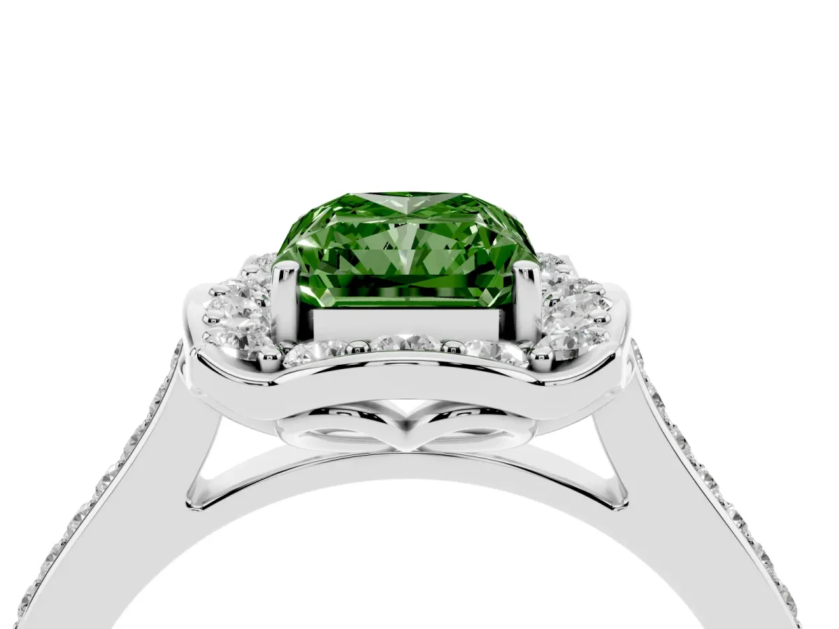 Fancy Green Radiant Cut Halo Round Diamond Pave Band with Four-Prong Setting Silver