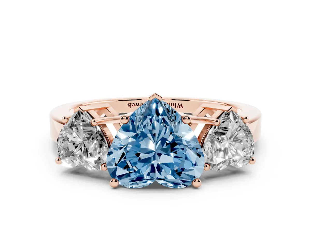 Fancy Blue Three-Stone Heart Cut Cut Diamond Engagement Ring with Flat Band and Four-Prong Setting Rose gold