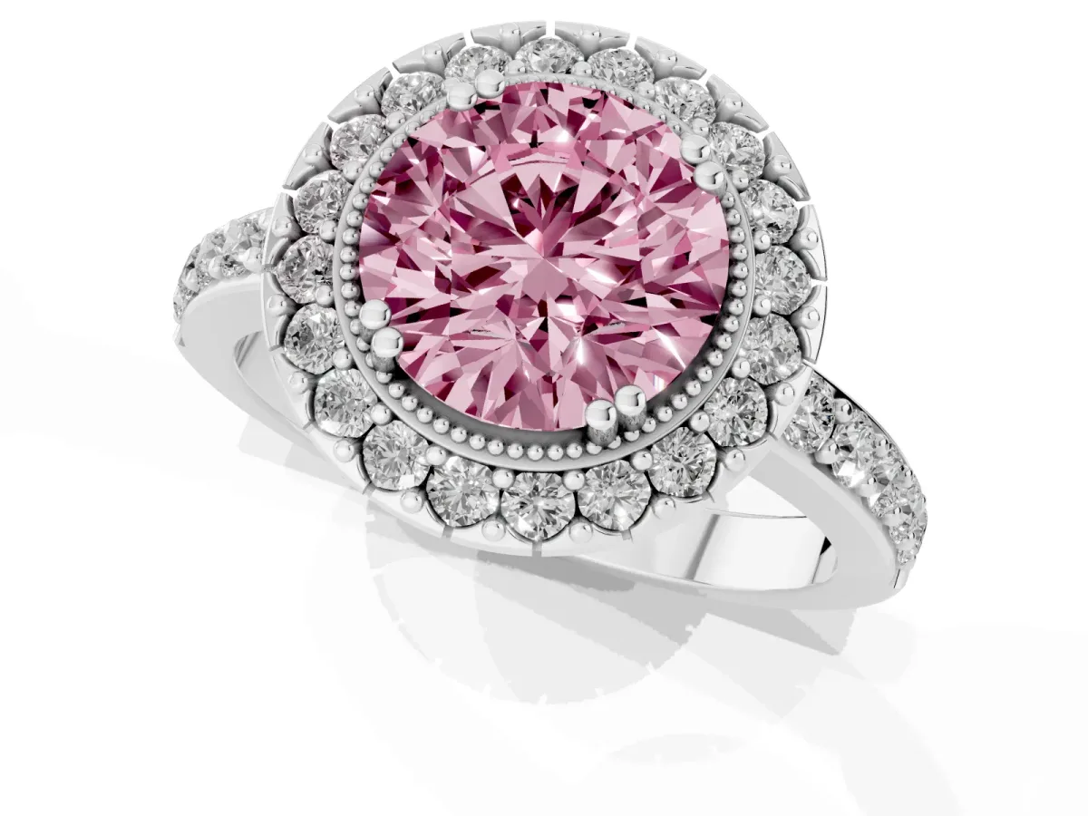 Fancy Pink Round Cut Diamond Halo Ring with Pavé Band and Prong Setting Silver