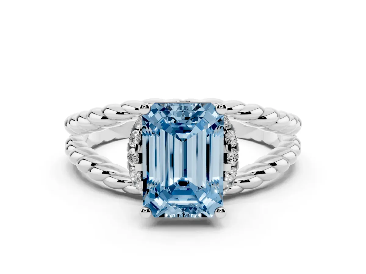 Fancy Blue Emerald Cut Halo Twisted Band Four-Prong Ring Silver