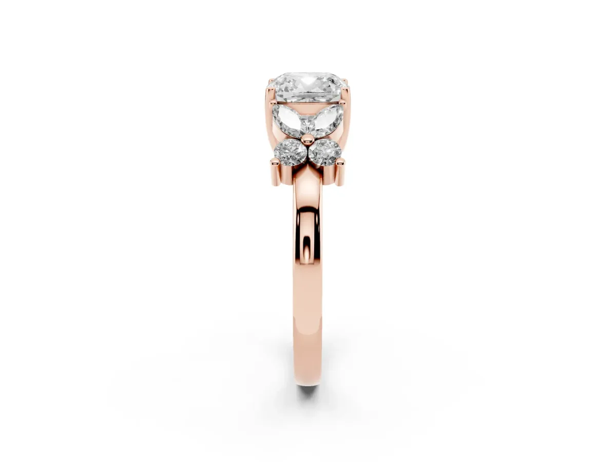 Cushion Cut Diamond Floral Cluster Ring with Solitaire Band and Prong Setting Rose gold