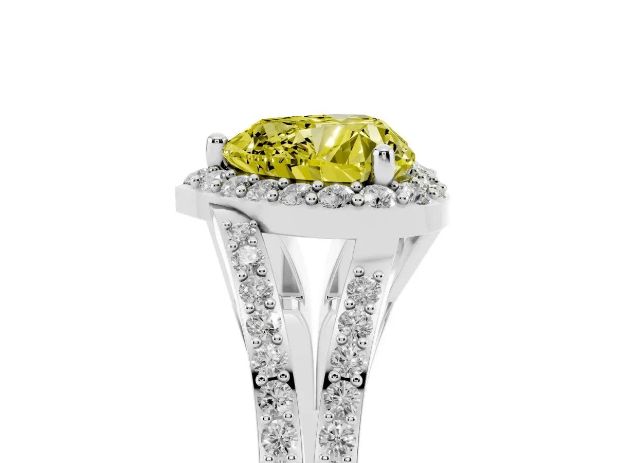 Fancy Yellow Heart Cut Halo Split Shank Diamond Ring with Prong Setting Silver