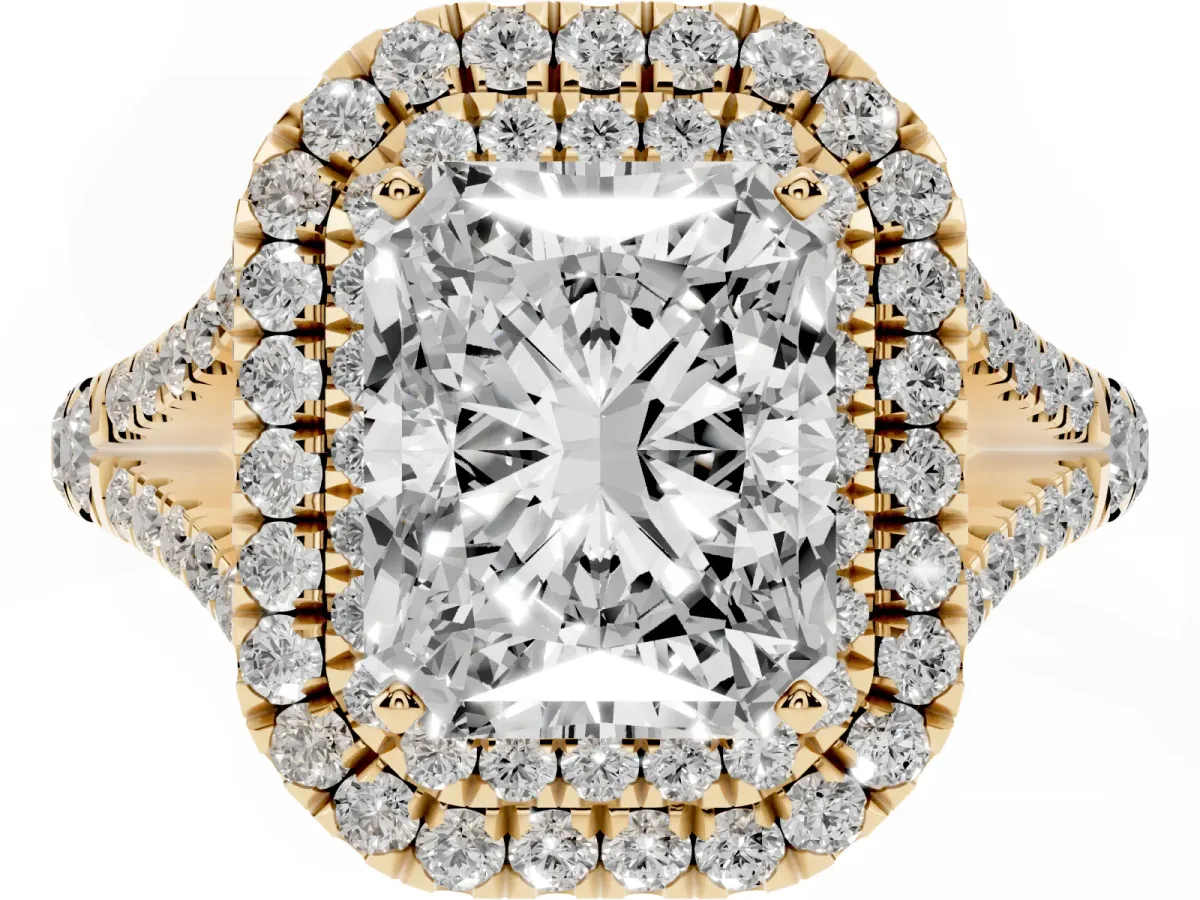 Double Halo Radiant Cut Diamond Split Shank Engagement Ring with Four-Prong Setting Yellow gold