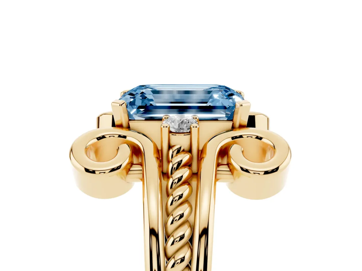 Fancy Blue Emerald Cut Solitaire Twisted Band Scroll Prong Ring Yellow gold