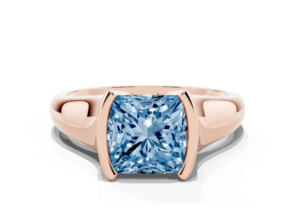 Fancy Blue Princess Cut Solitaire Tension Set Diamond Ring with Split Shank Band Rose gold