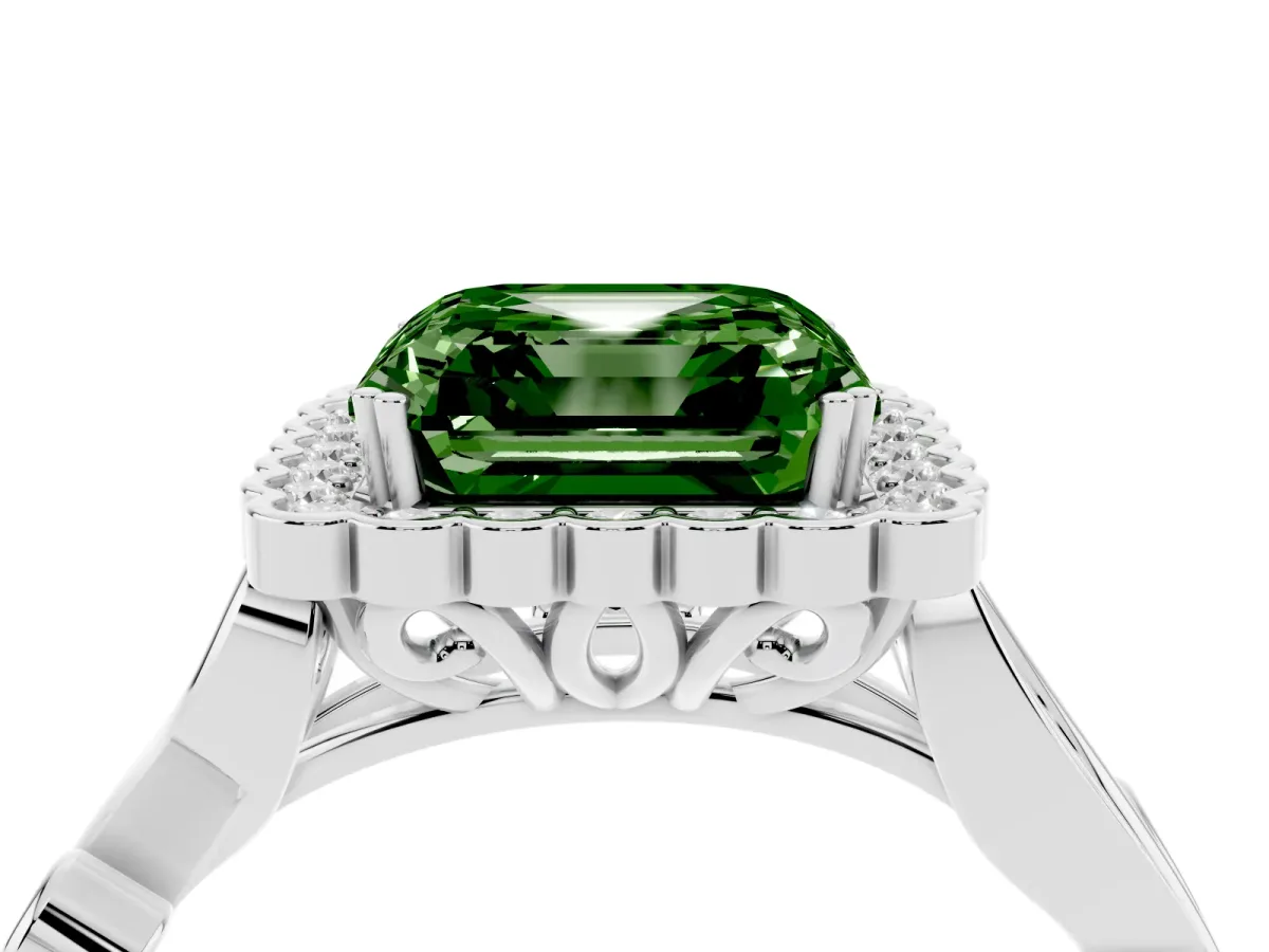Fancy Green Asscher Cut Diamond Halo Ring with Vintage Split Shank and Four-Prong Setting Silver