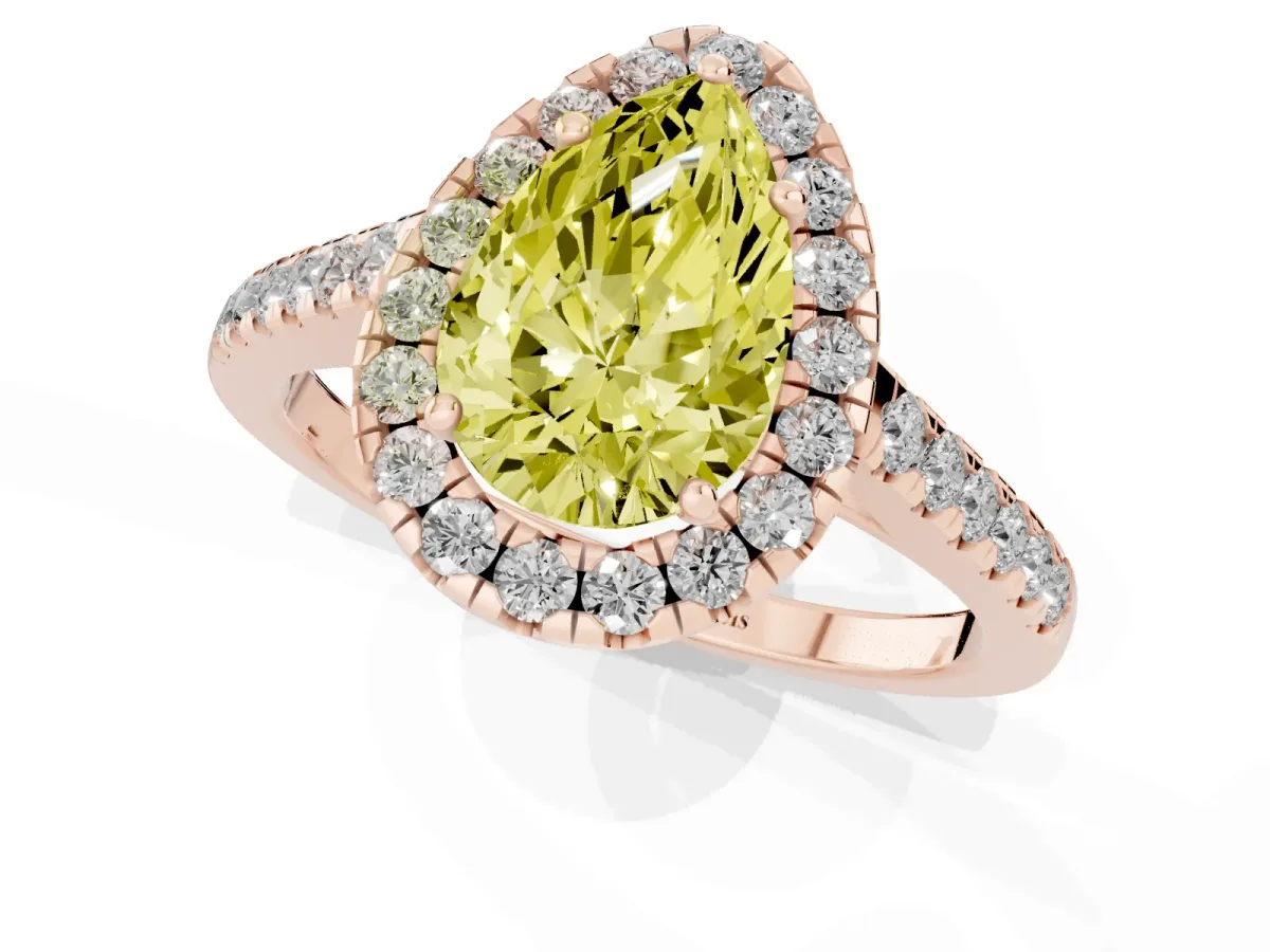 Fancy Yellow Pear Cut Halo Pave Diamond Engagement Ring with Four-Prong Setting Rose gold