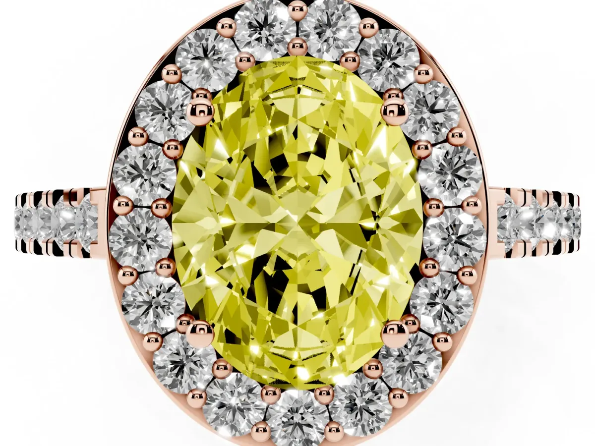 Fancy Yellow Oval Cut Diamond Halo Ring with Round Pavé Split Shank and Prong Setting Rose gold