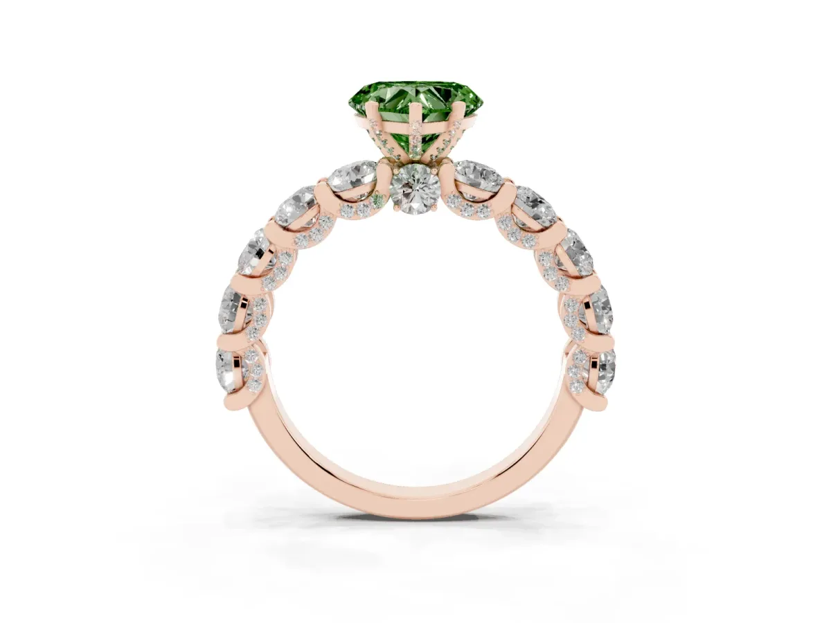 Fancy Green Heart Cut Diamond Side Stone Engagement Ring with Four-Prong Setting Rose gold