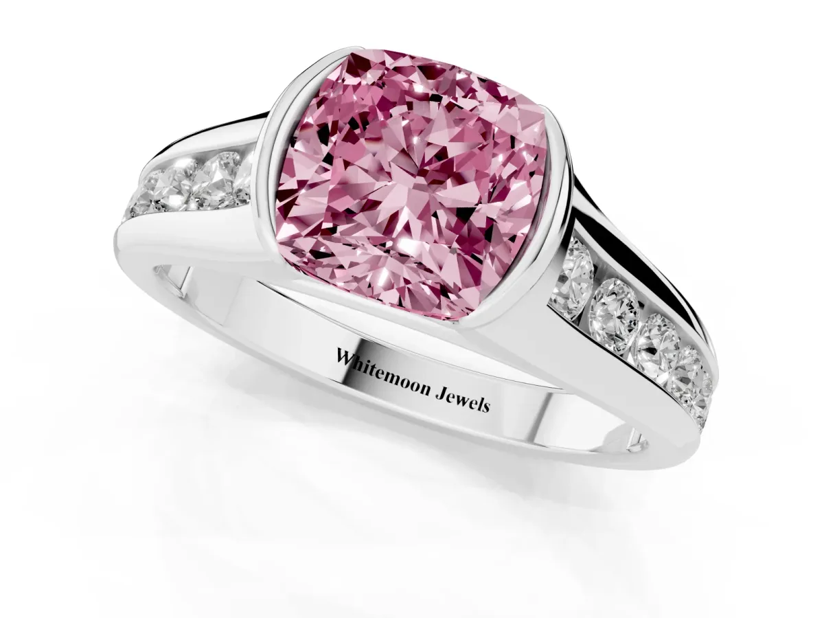 Fancy Pink Cushion Cut Solitaire Bezel-Set Diamond Ring with Channel-Set Band Silver