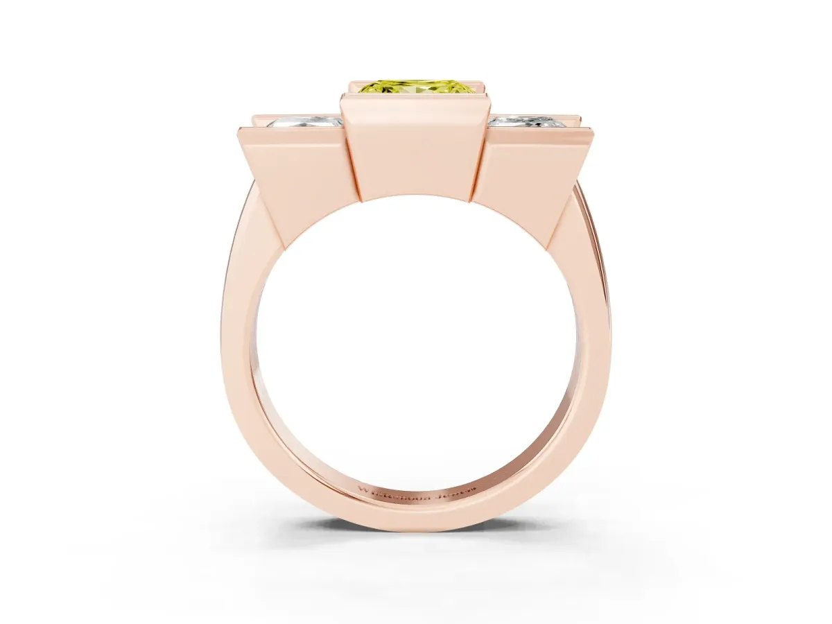 Fancy Yellow Three Stone Princess Cut Cut Channel Set Diamond Ring Rose gold