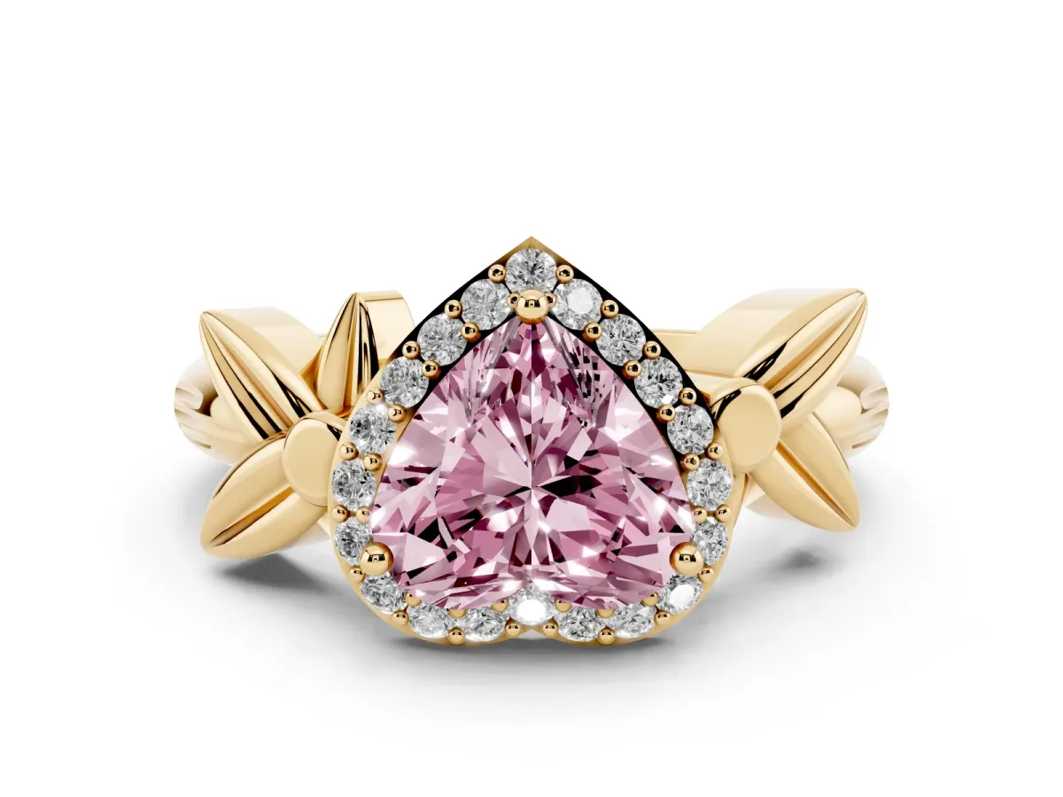 Fancy Pink Heart Cut Halo Diamond Floral Band with Four-Prong Setting Yellow gold