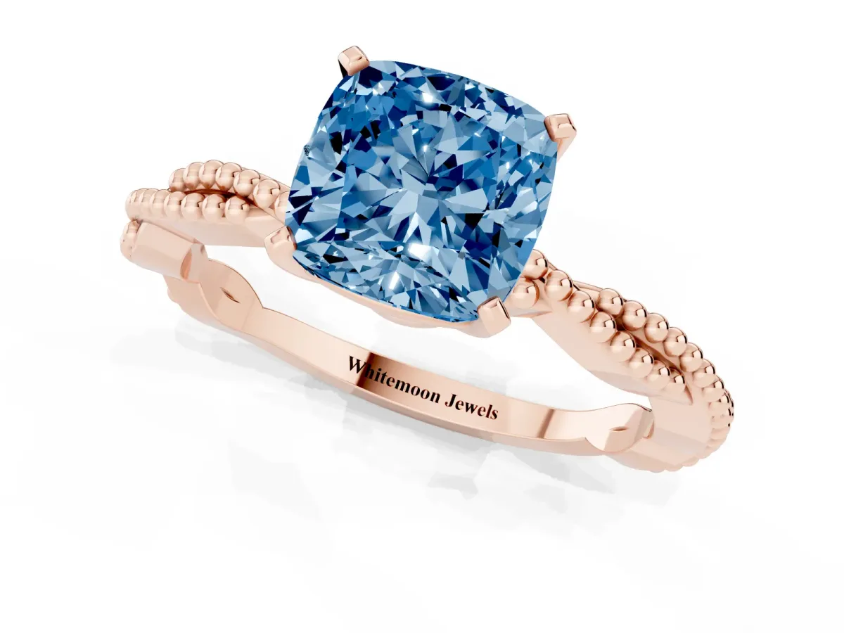 Fancy Blue Cushion Cut Solitaire Twisted Band with Bead Prong Setting Rose gold