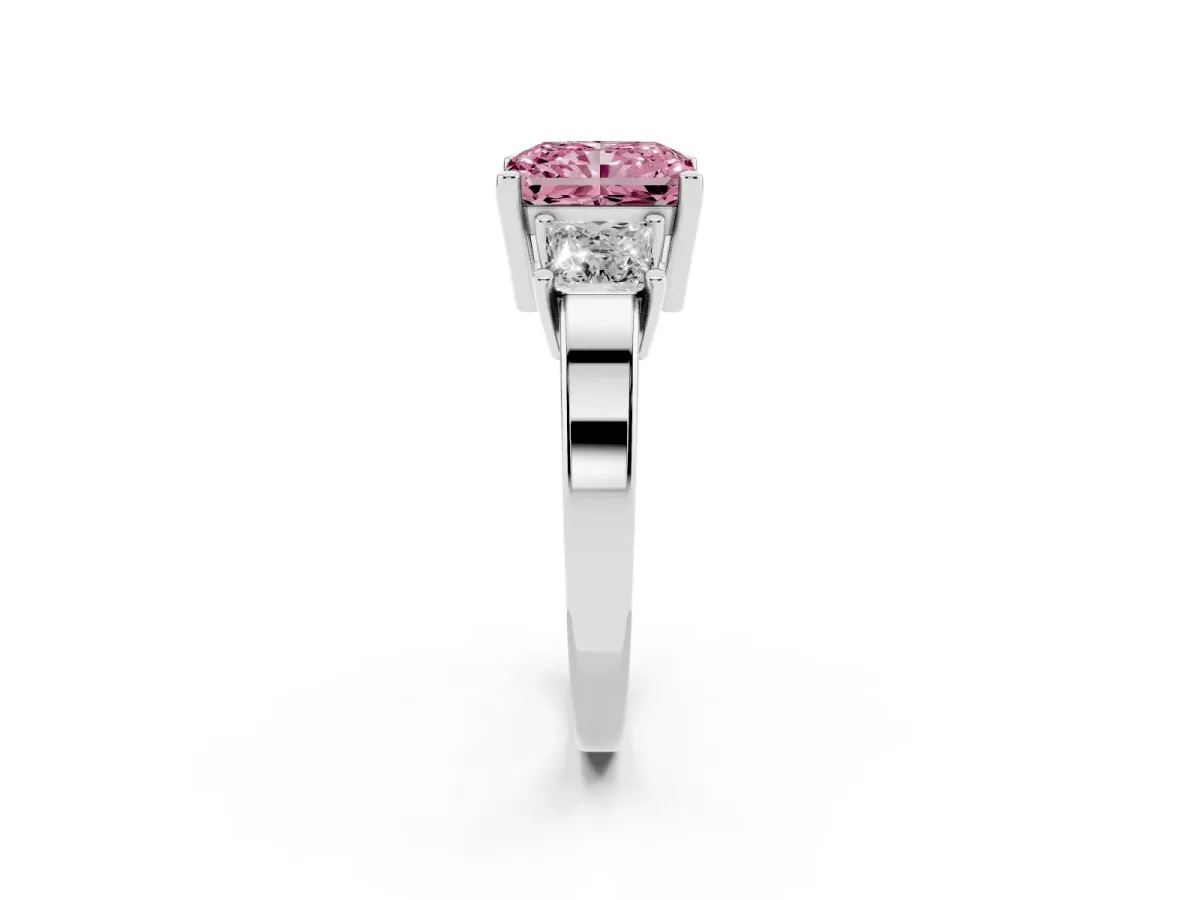 Fancy Pink Three-Stone Radiant Cut Cut Solitaire Ring with Prong Setting Platinum