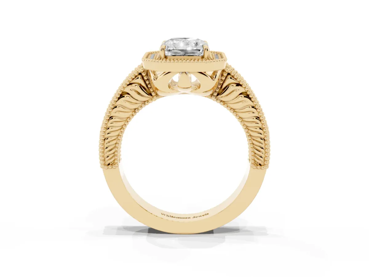 Radiant Cut Cut Halo Diamond Ring with Pavé Band and Four-Prong Setting Yellow gold