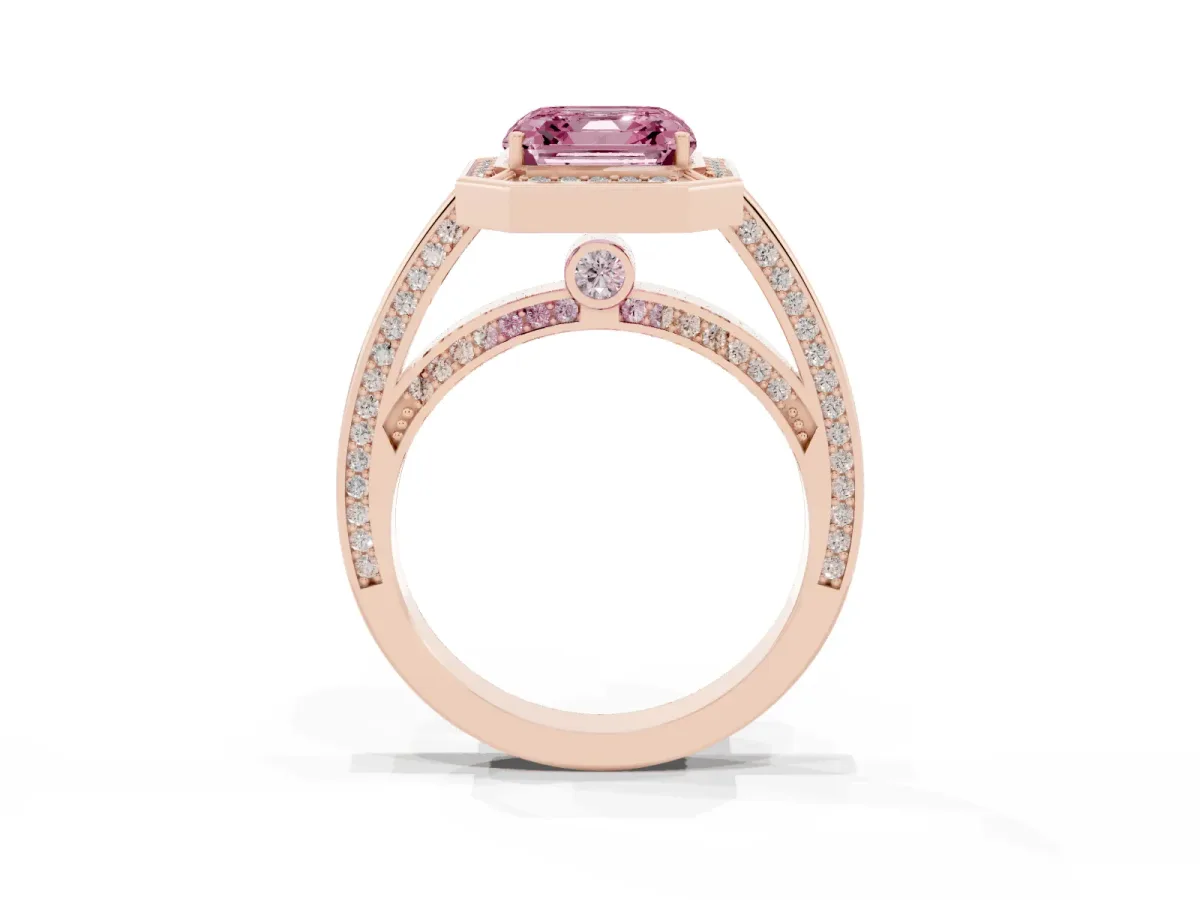 Fancy Pink Asscher Cut Cut Halo Pave Split Shank Prong Setting Ring Rose gold