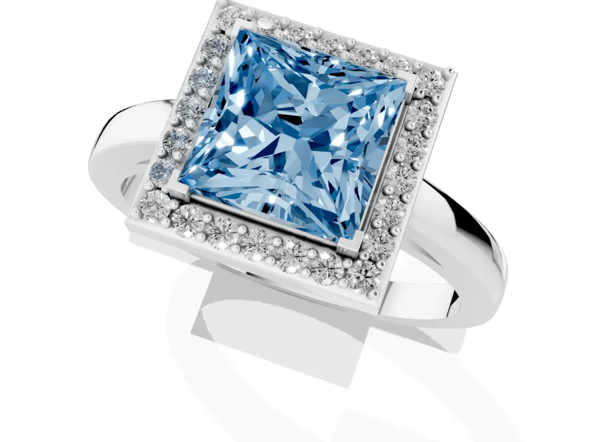 Fancy Blue Princess Cut Halo Diamond Ring with Solitaire Band and Prong Setting Silver