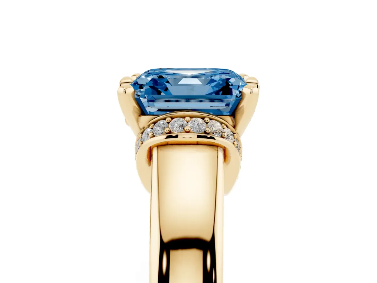 Fancy Blue Asscher Cut Solitaire Diamond Ring with Pave Band and Six-Prong Setting Yellow gold