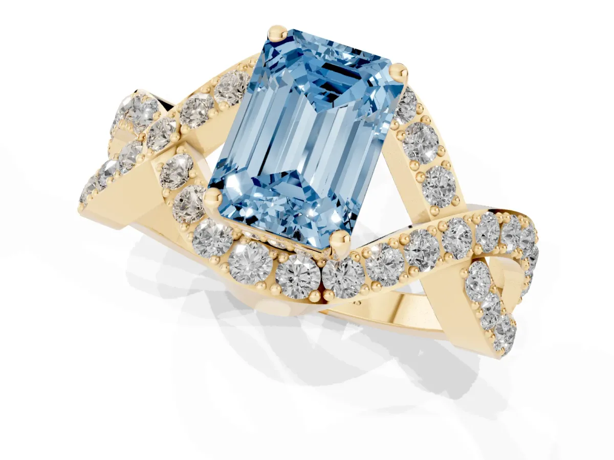 Fancy Blue Emerald Cut Solitaire Twist Band Pavé Diamond Engagement Ring Yellow gold