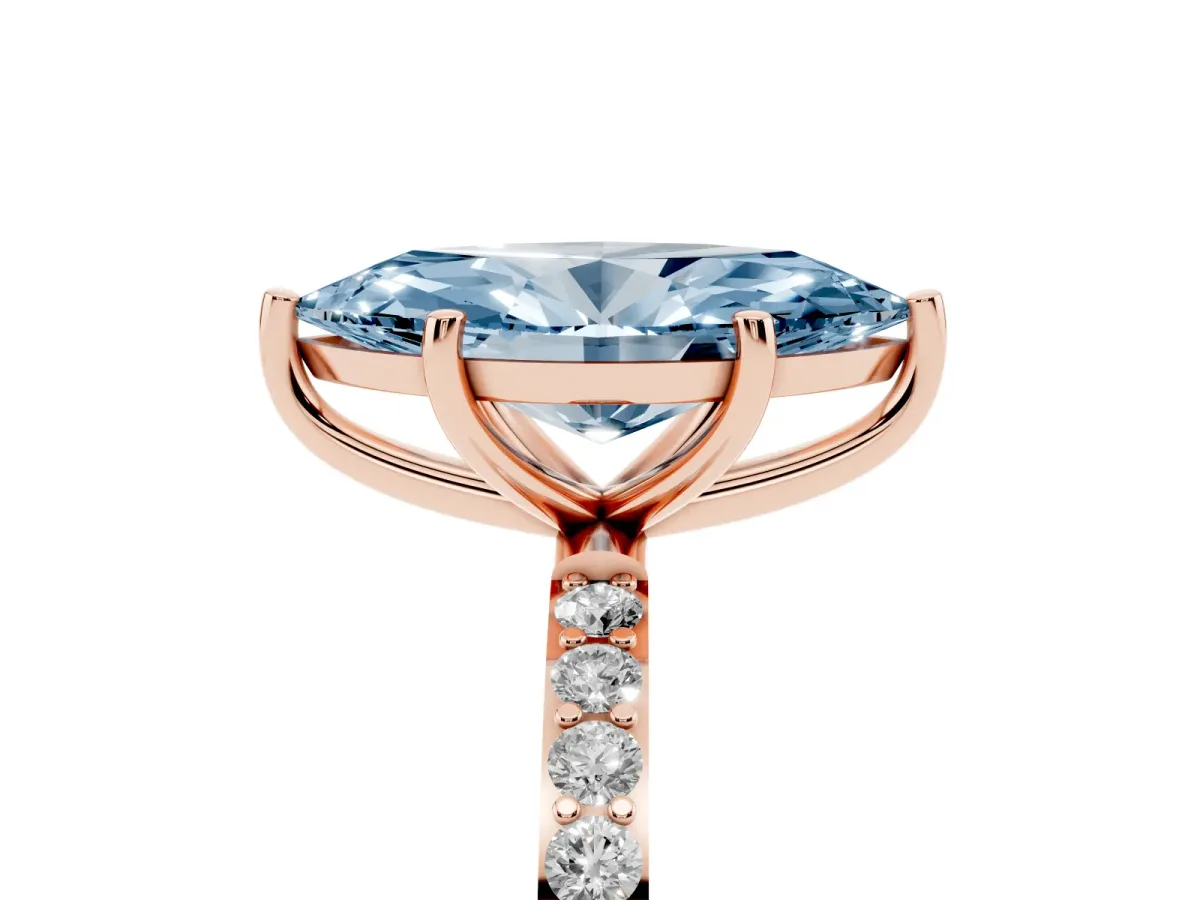 Fancy Blue Marquise Cut Diamond Solitaire Ring with Round Pavé Shoulders and Prong Setting Rose gold