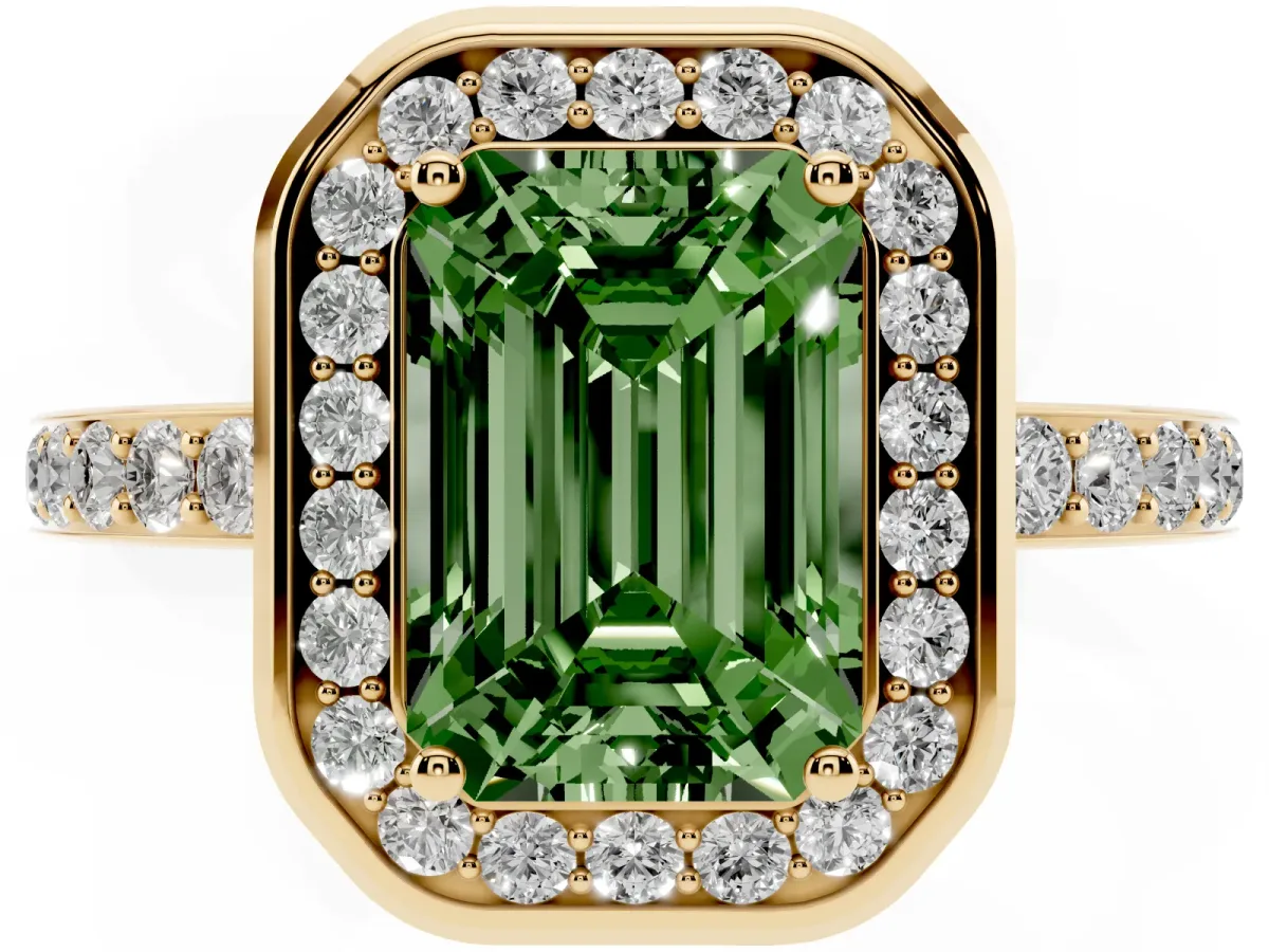 Fancy Green Emerald Cut Diamond Halo Ring with Bezel Frame and Pavé Band Yellow gold