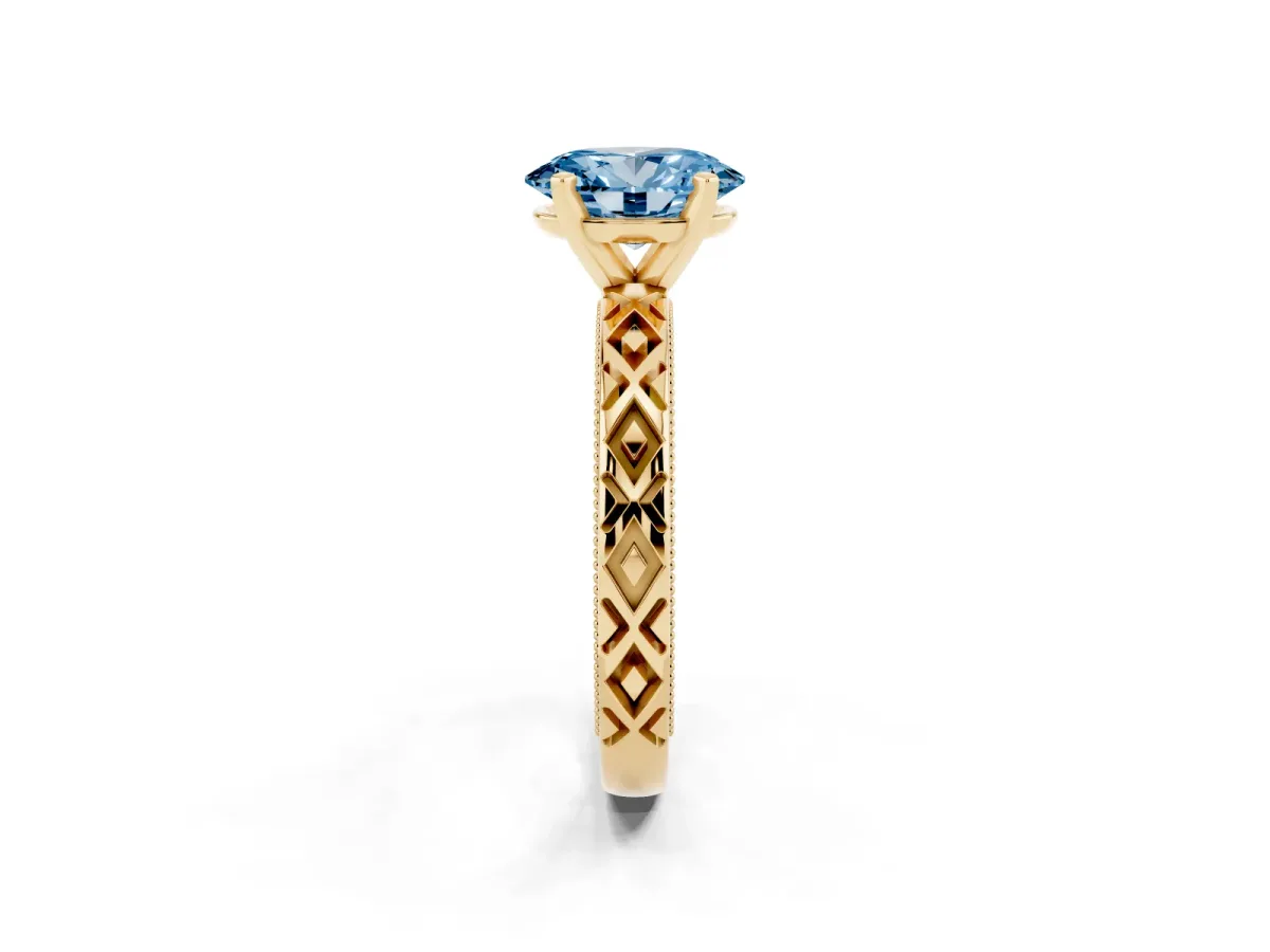 Fancy Blue Oval Cut Solitaire Diamond Ring with Milgrain and Black Enamel X Pattern Band Yellow gold