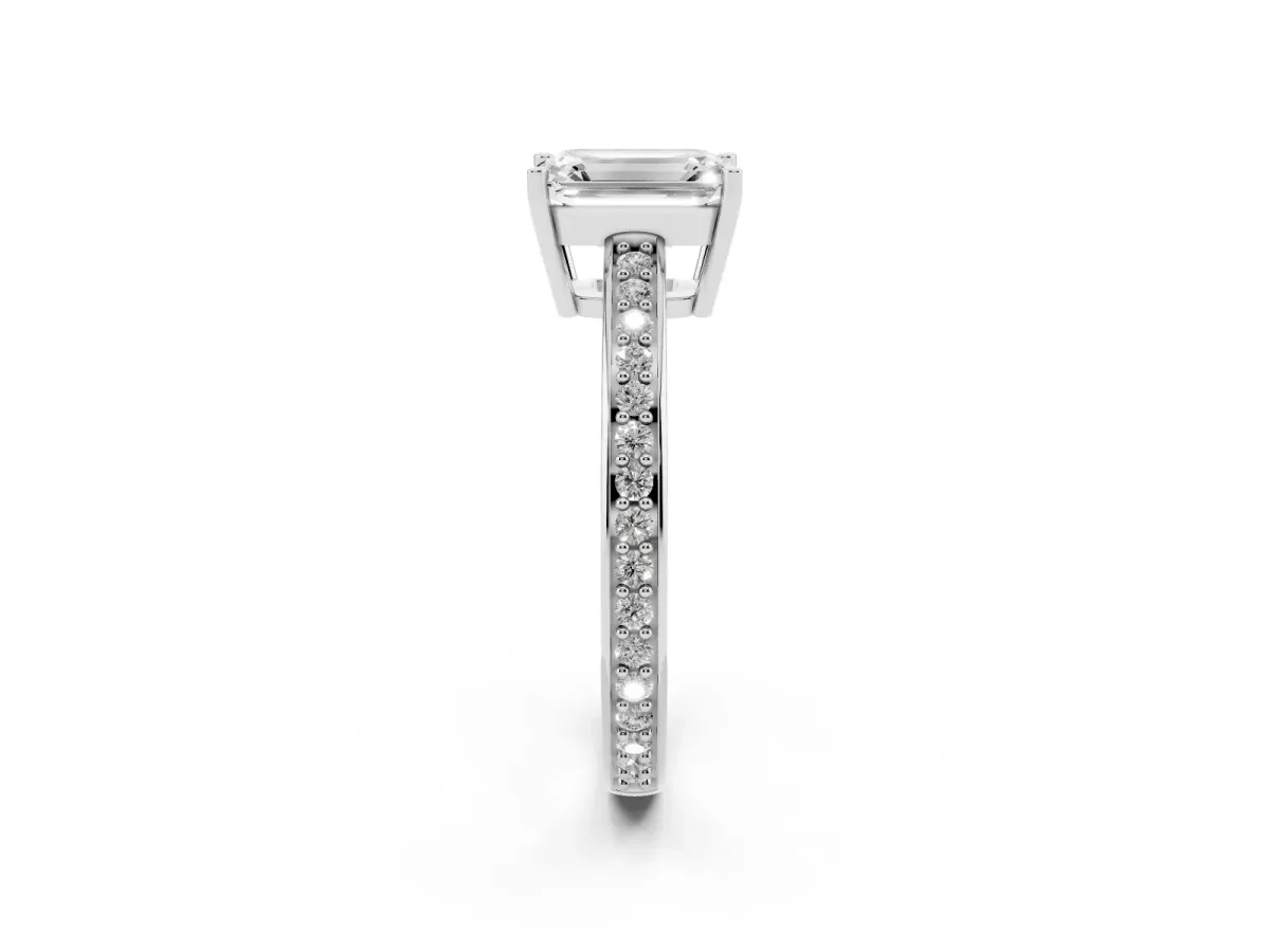Emerald Cut Solitaire Pavé Band Prong Setting Ring White gold