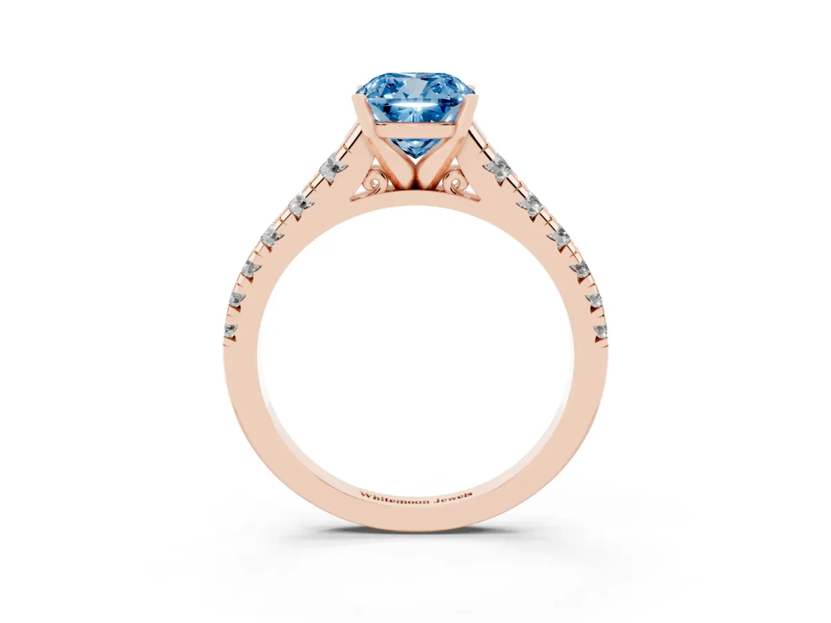 Fancy Blue Cushion Cut Diamond Cathedral Solitaire Ring with Round Pavé Band Rose gold