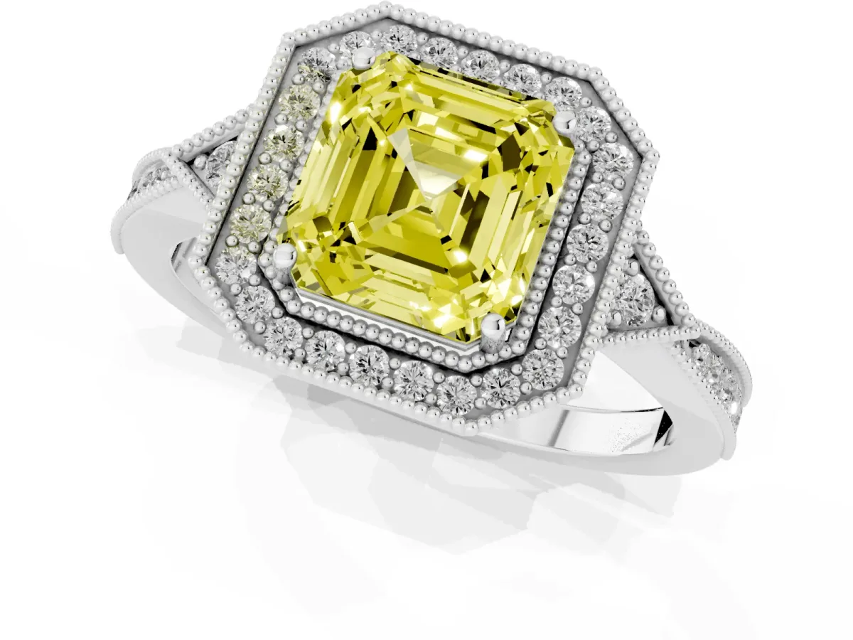 Fancy Yellow Asscher Cut Halo Round Diamond Milgrain Pave Engagement Ring White gold
