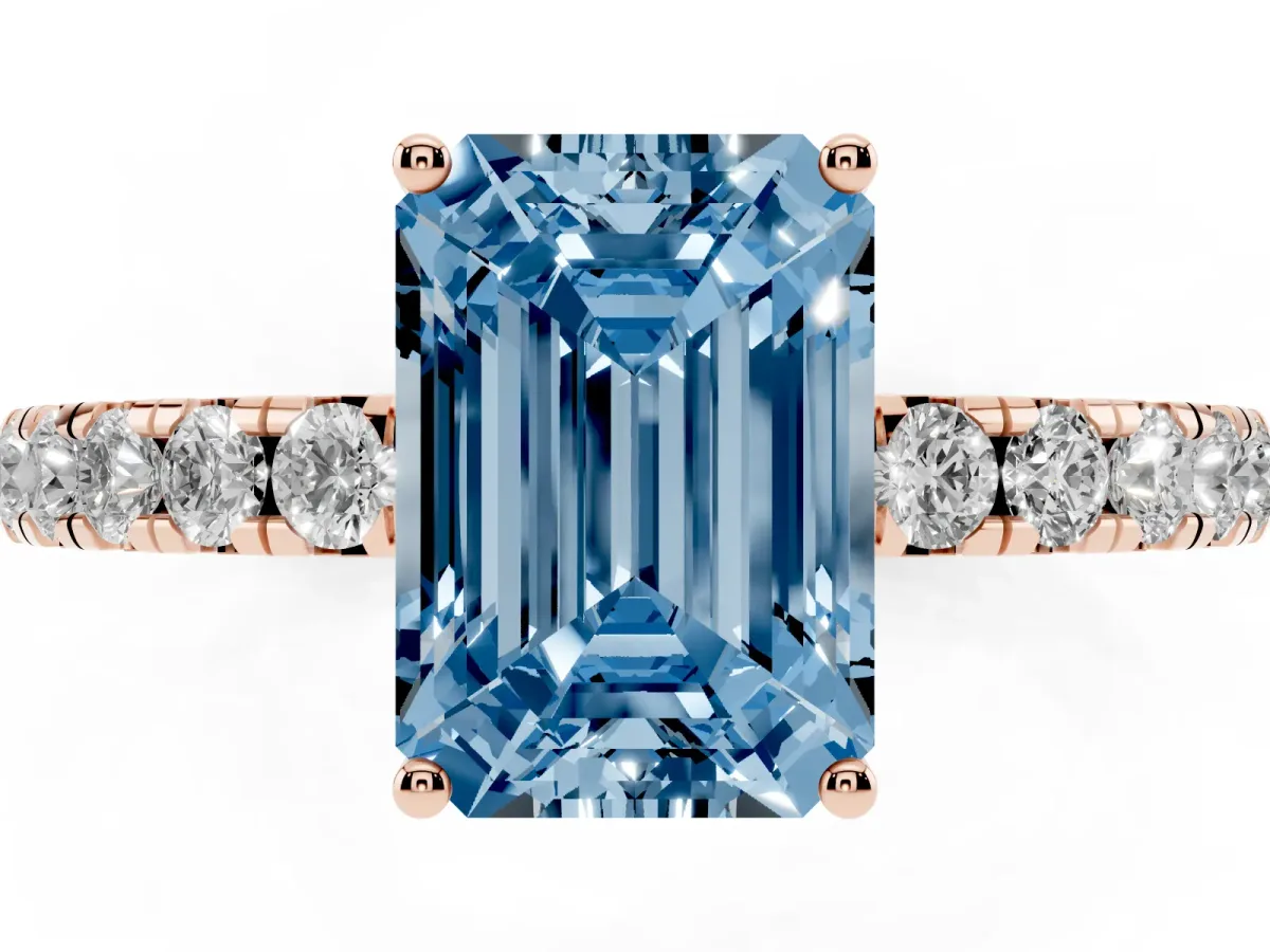 Fancy Blue Emerald Cut Diamond Pavé Solitaire Engagement Ring with Four-Prong Setting Rose gold