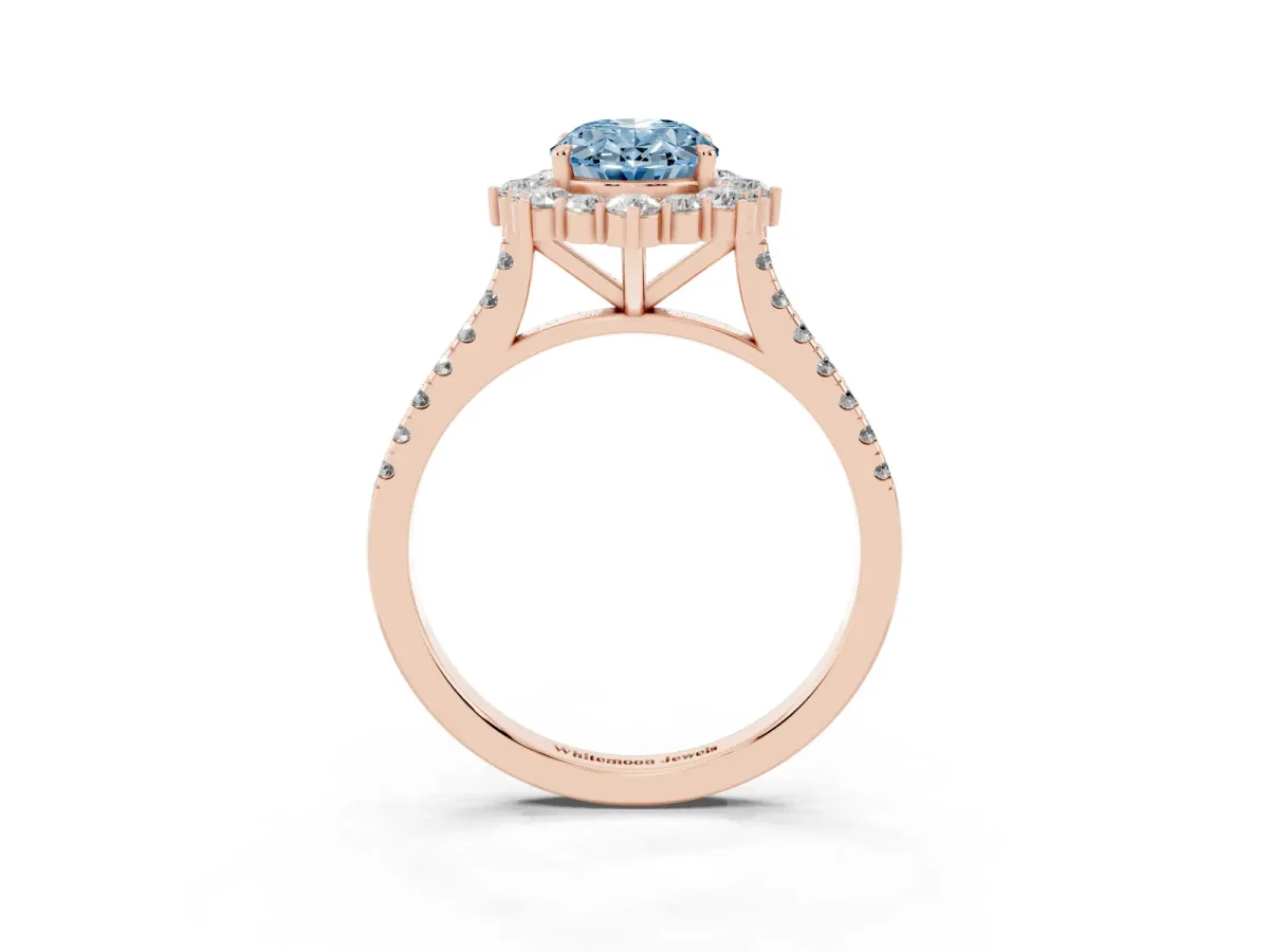 Fancy Blue Oval Cut Halo Diamond Ring with Pavé Band and Prong Setting Rose gold