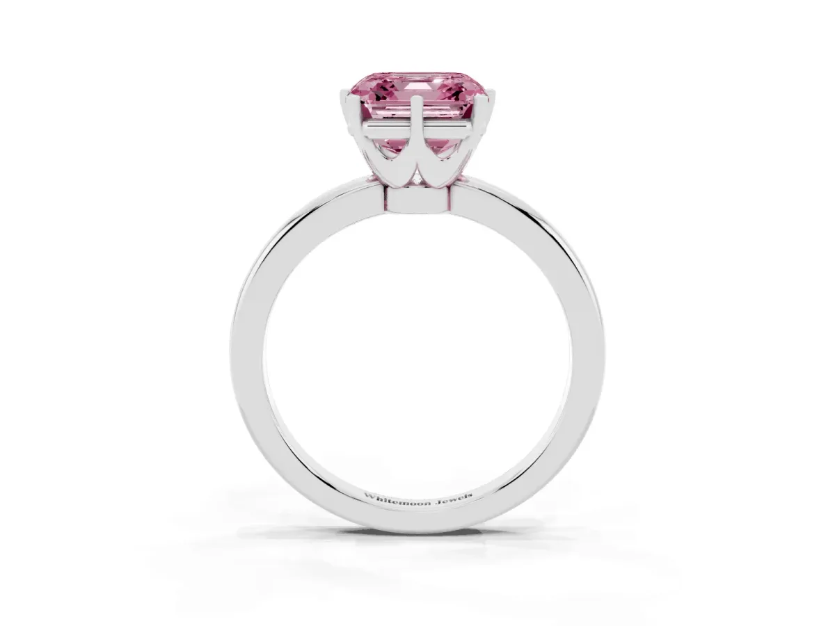 Fancy Pink Asscher Cut Solitaire Diamond Ring with Six-Prong Setting on a Classic Band Silver