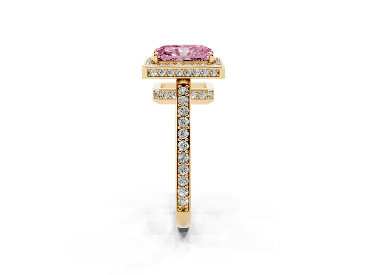 Fancy Pink Radiant Cut Halo Pave Band Solitaire Ring with Prong Setting Yellow gold