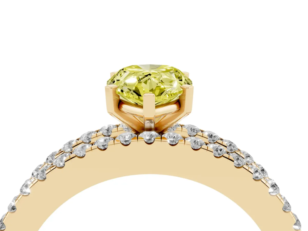 Fancy Yellow Pear Cut Diamond Solitaire Ring with Pavé and Channel Set Band Yellow gold